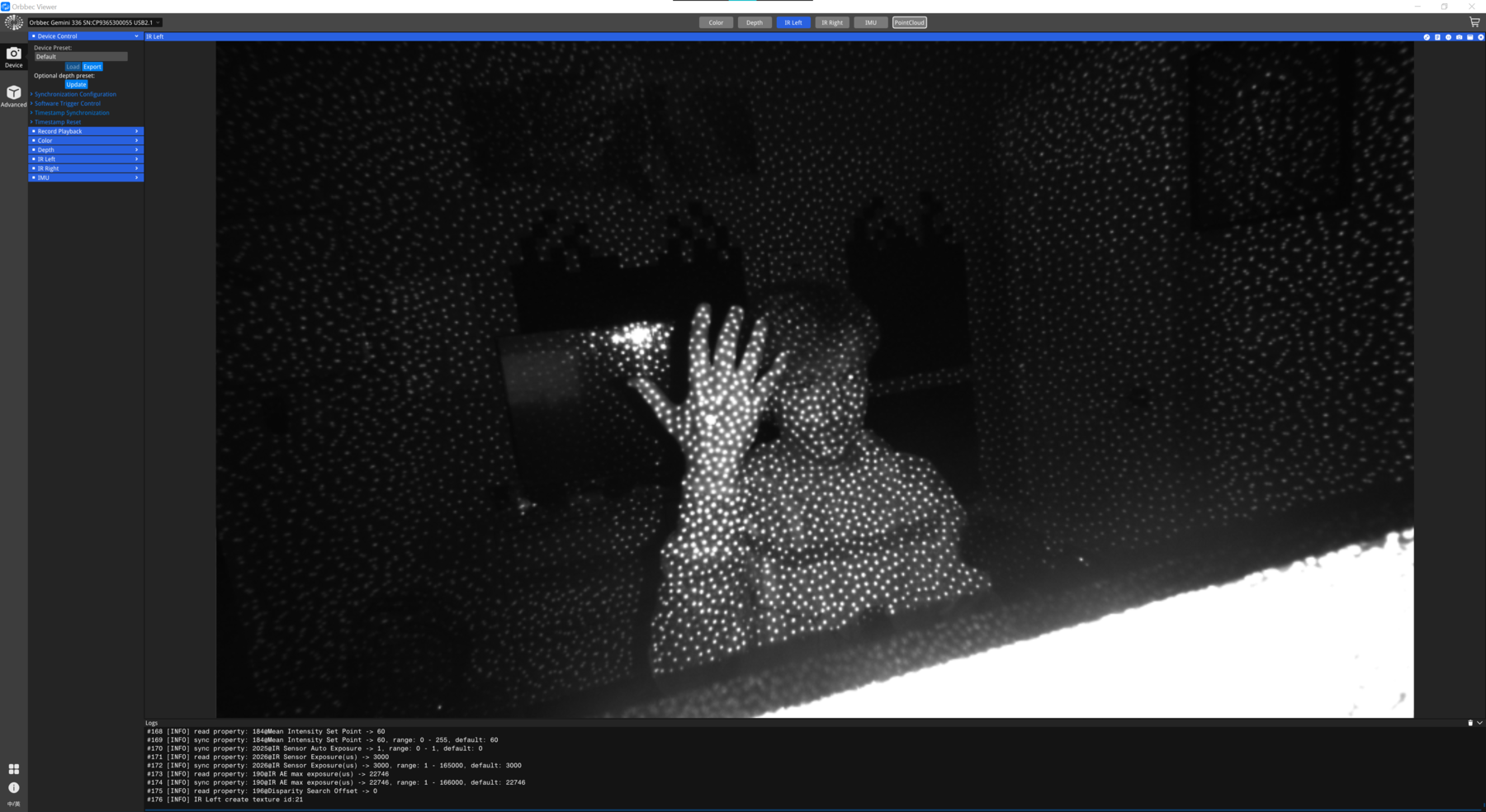 Infrared depth camera test used while developing the Project Projection tracking workflow