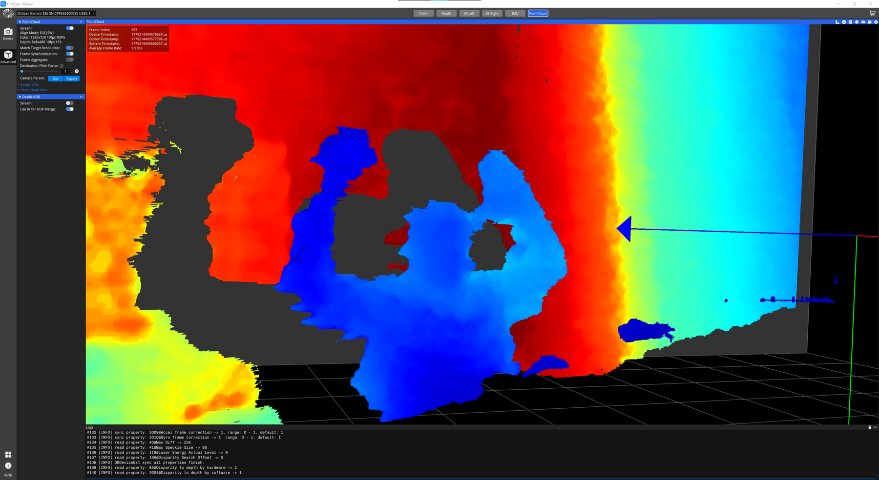 Depth stream and point cloud test from the Project Projection tracking workflow