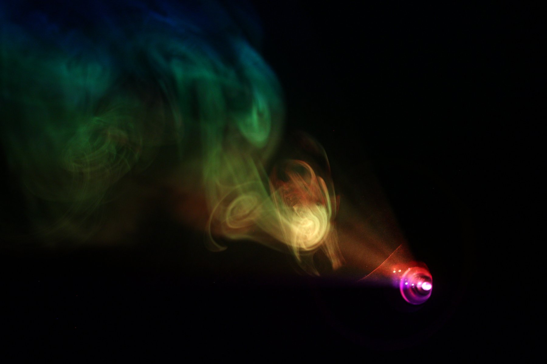 Green and yellow smoke cloud with a visible projector beam